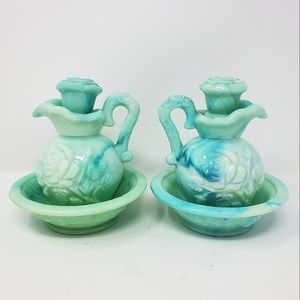VTG Avon Victoriana Jadeite Slag Milkglass Bubble Bath Pitcher and Bowl Set